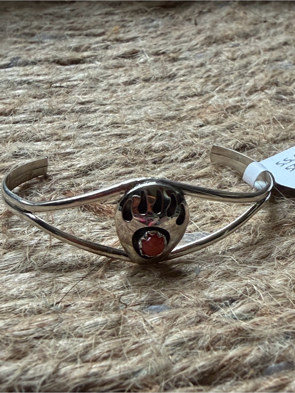 Sterling Silver Esther White Navajo Bear Paw baby Cuff Bracelet Red coral Stone